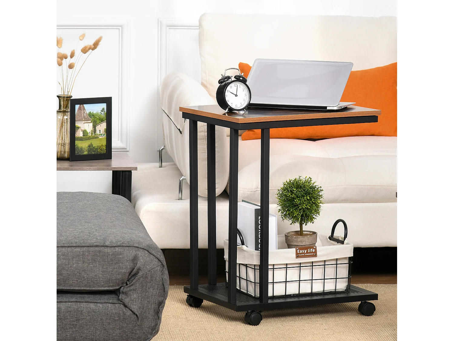 Mesa lateral negro y madera 51x36x65 cm HOMCOM