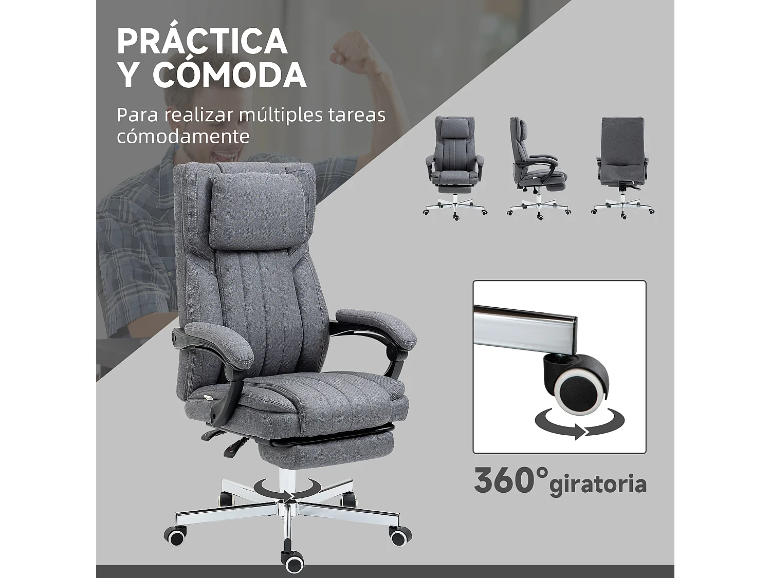 Silla de oficina gris 65x61x113 cm Vinsetto