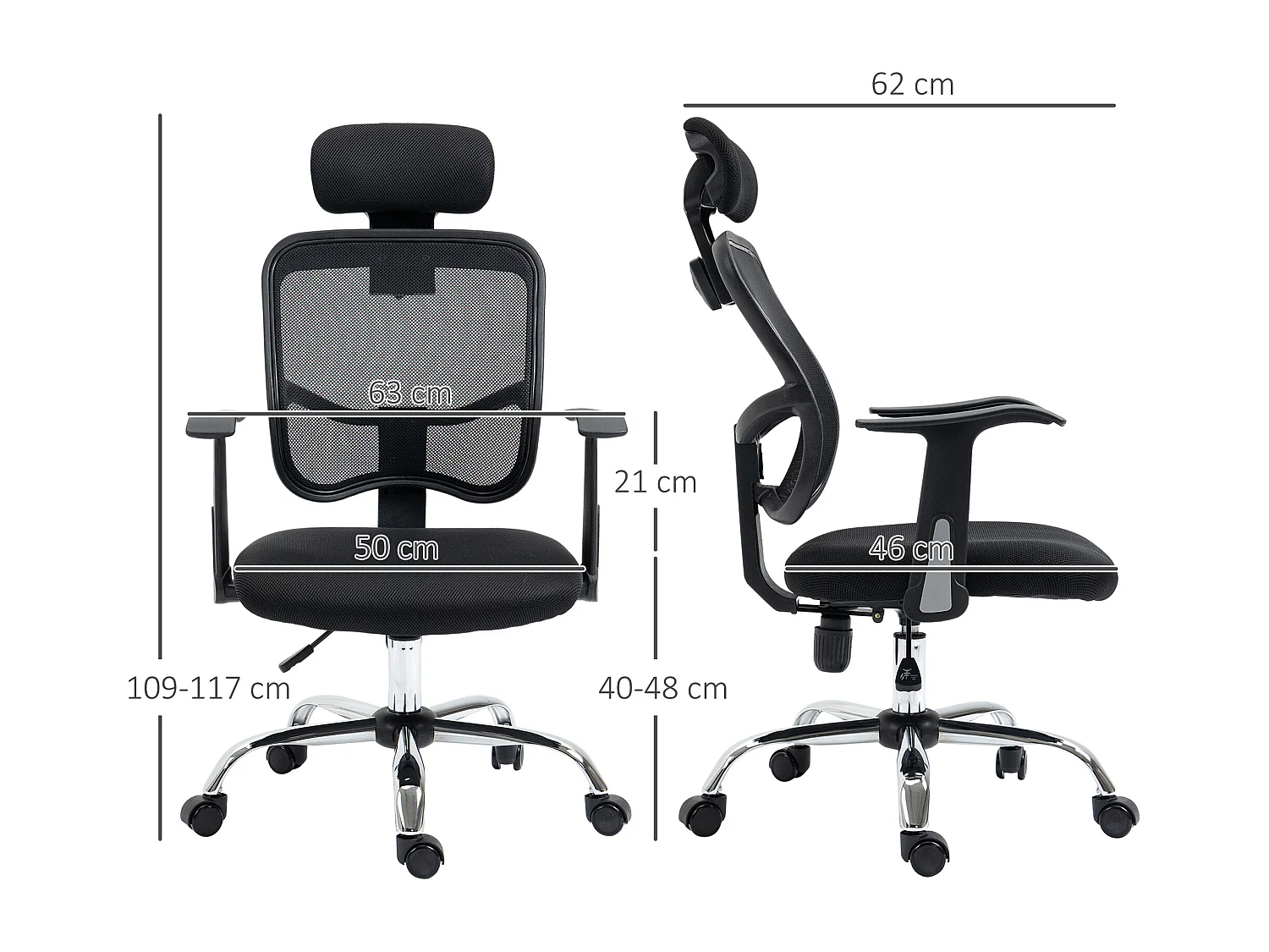 Silla de oficina negro 63x62x117 cm Vinsetto