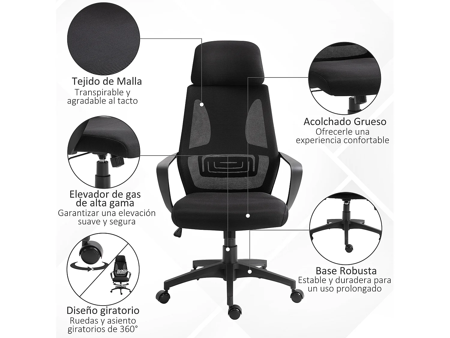 Silla de oficina negro 64x55x126 cm Vinsetto