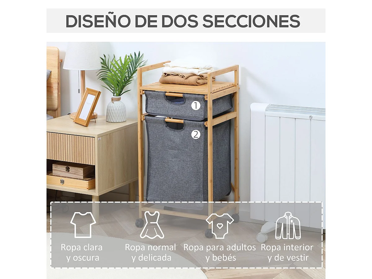 Cesto para ropa madera natural y gris 42x35x84.5 cm HOMCOM