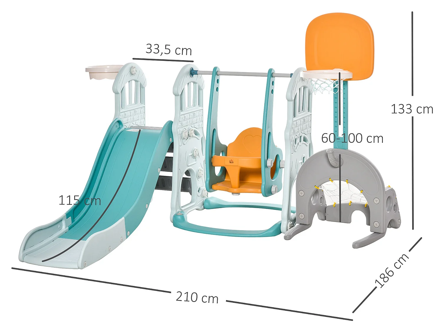 Tobogán y columpio para niños turquesa, gris y naranja 210x186x133 cm HOMCOM