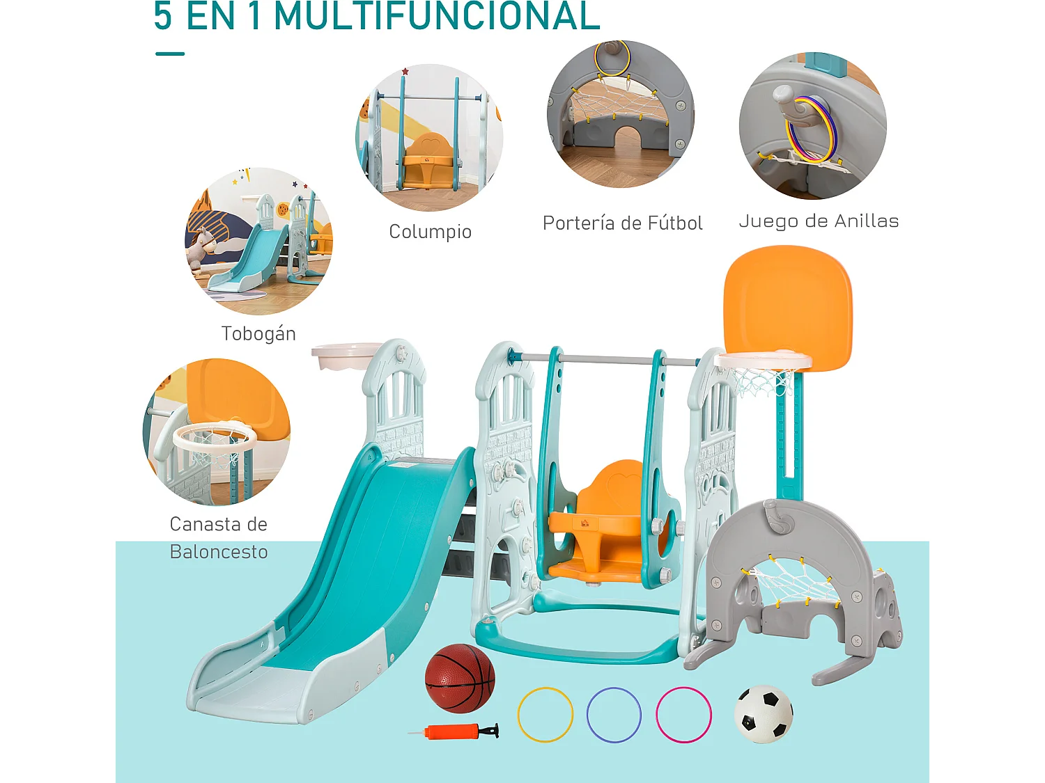 Tobogán y columpio para niños turquesa, gris y naranja 210x186x133 cm HOMCOM
