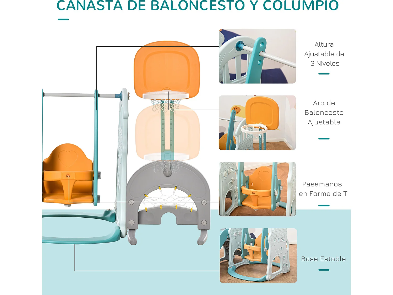 Tobogán y columpio para niños turquesa, gris y naranja 210x186x133 cm HOMCOM