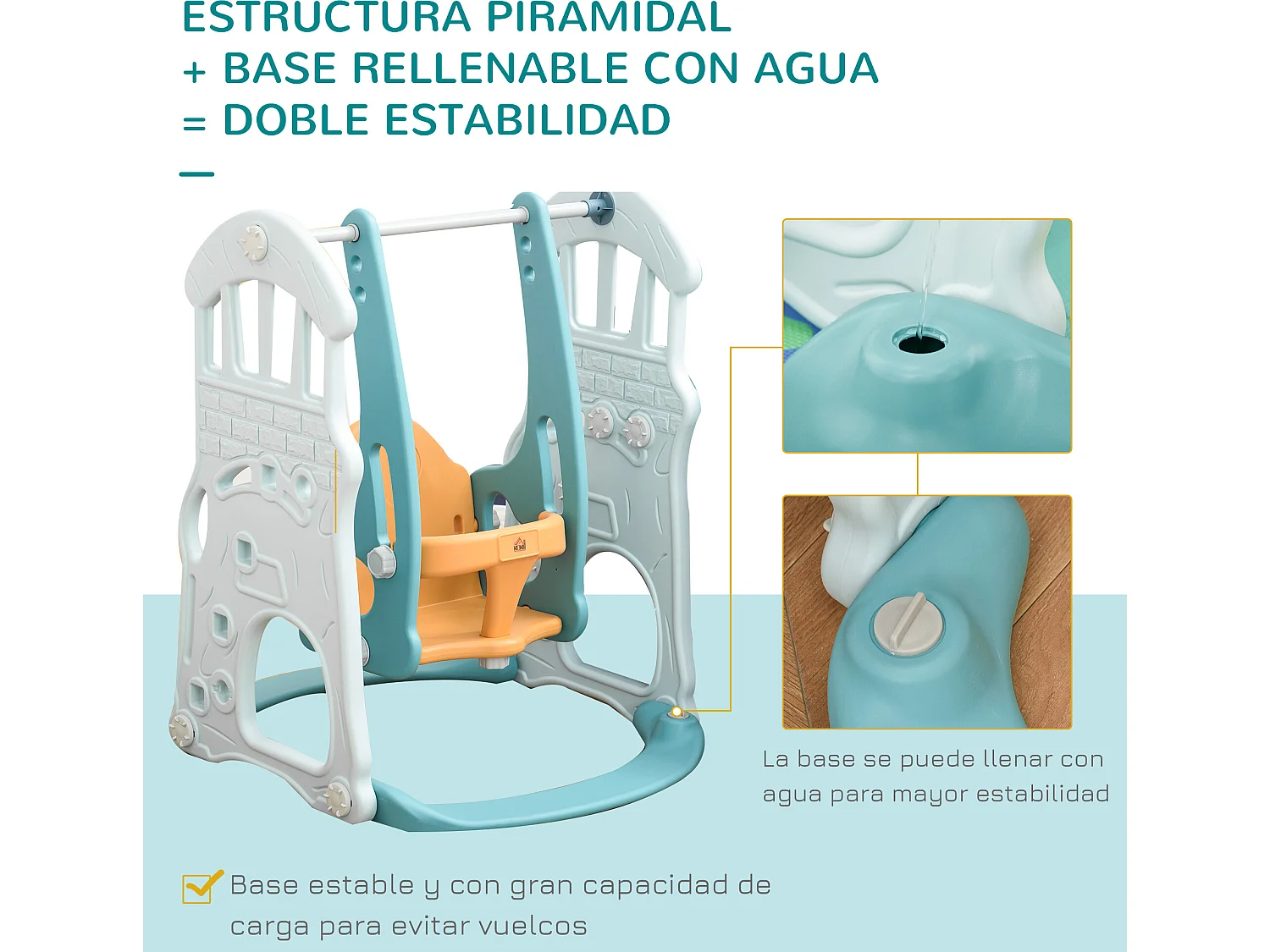 Tobogán y columpio para niños turquesa, gris y naranja 210x186x133 cm HOMCOM