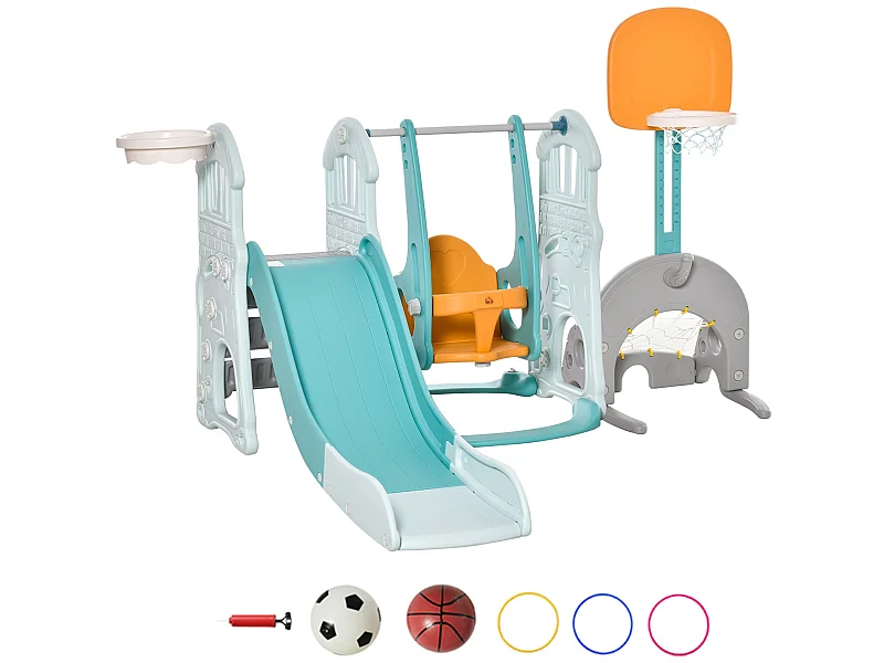 Tobogán y columpio para niños turquesa, gris y naranja 210x186x133 cm HOMCOM