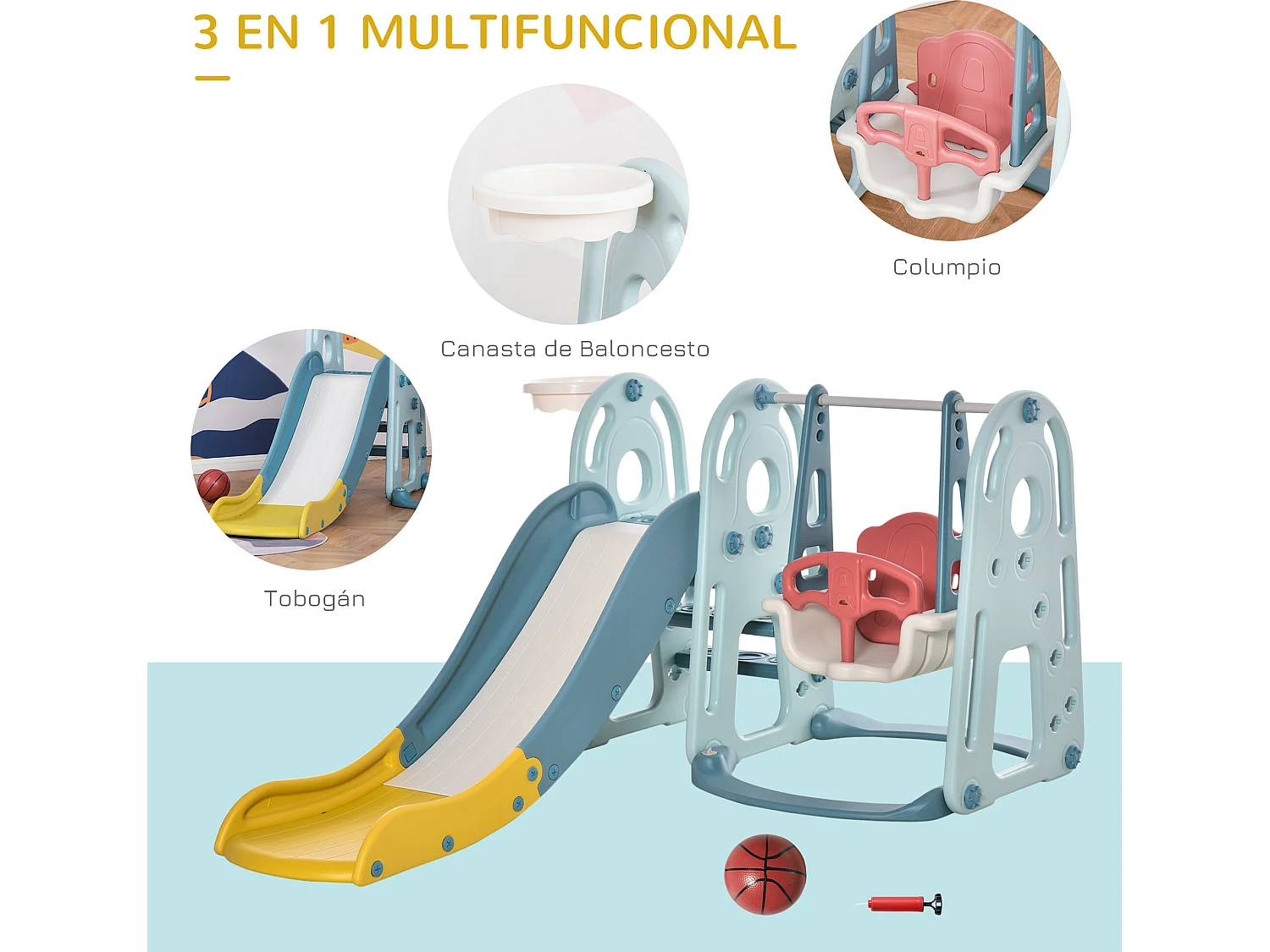 Tobogán infantil con columpio azul, blanco, rosa y amarillo 150x190x100 cm HOMCOM