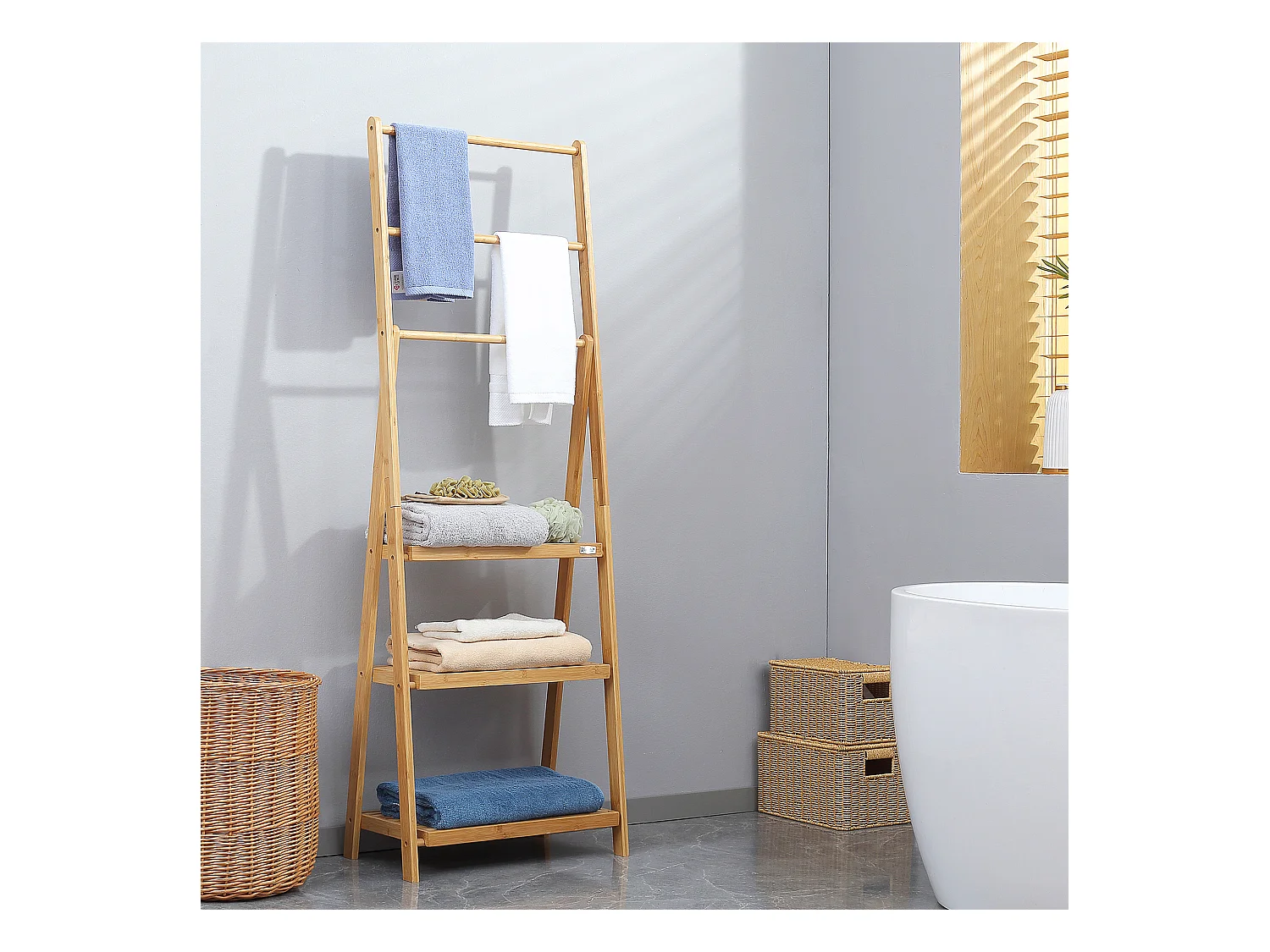 Toallero de pie madera natural 53x30.5x152 cm kleankin