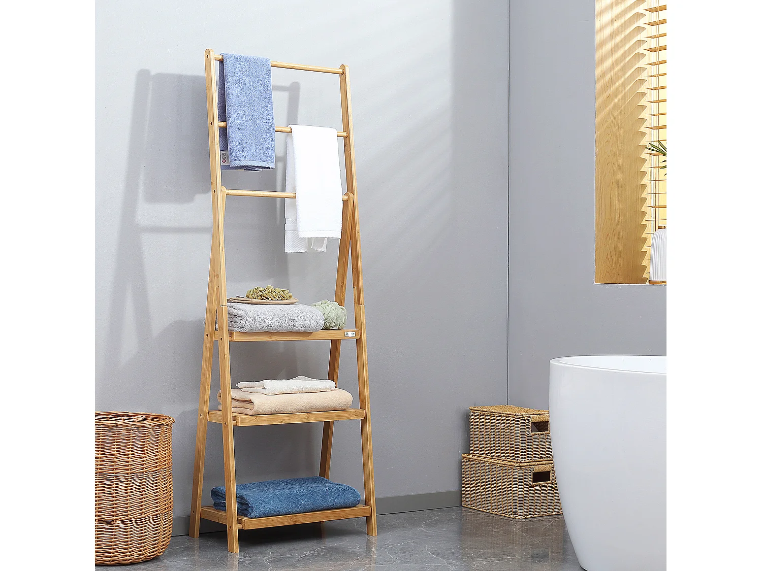 Toallero de pie madera natural 53x30.5x152 cm kleankin