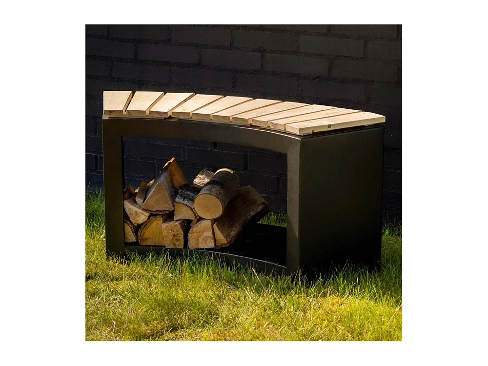 Banc acier et bois avec rangement à bûches Incurvé
