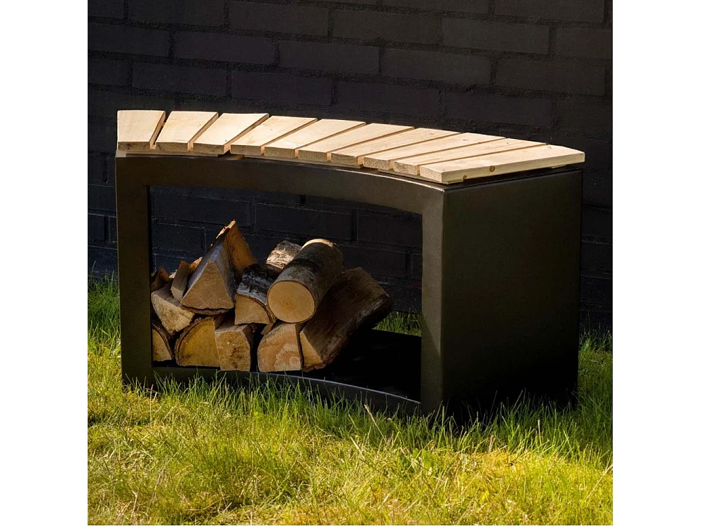 Banc acier et bois avec rangement à bûches Incurvé