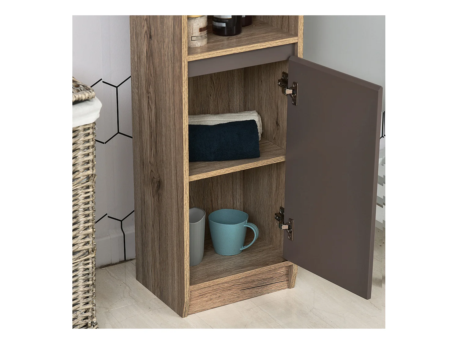 Armario alto de baño roble y gris 30x24x170 cm HOMCOM