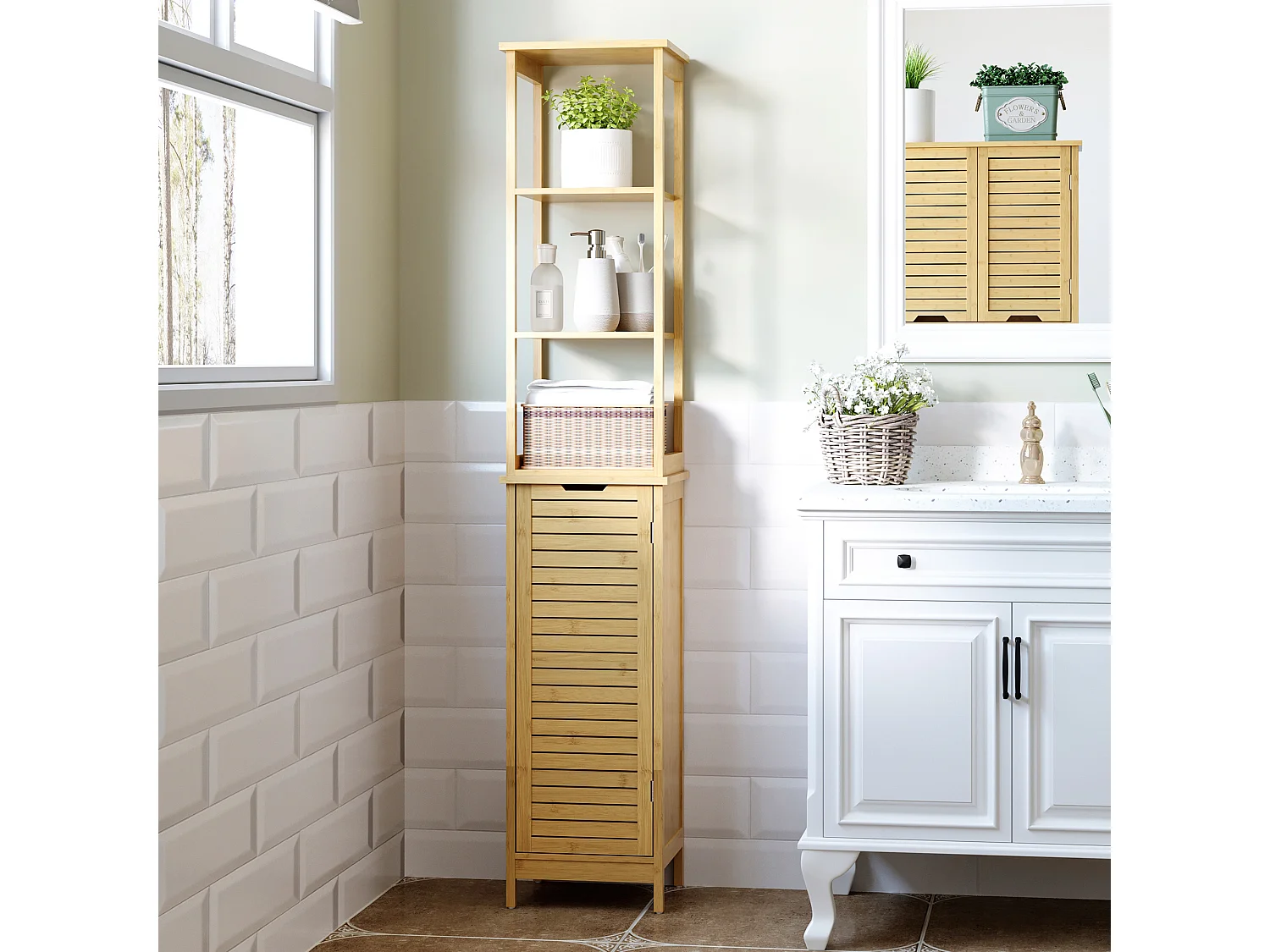 Estantería de baño madera natural 34x30x173 cm kleankin