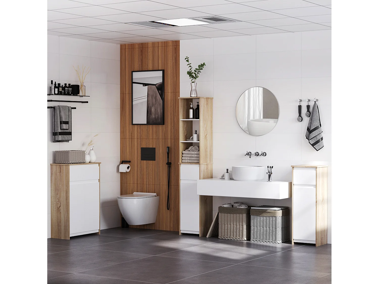 Armario de baño blanco y natural 60x30x90 cm kleankin