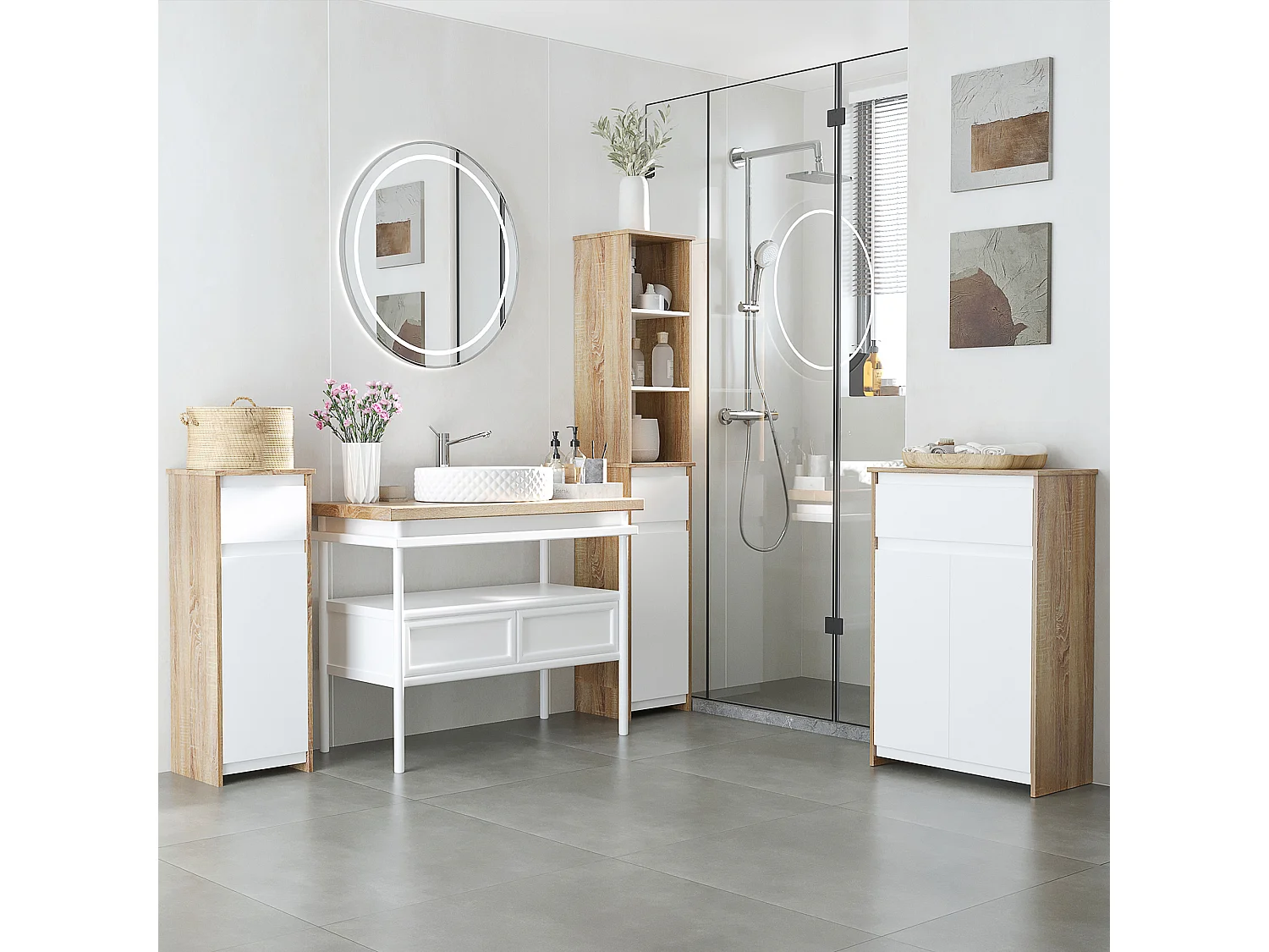 Armario para baño madera natural, blanco 32.6x30x90 cm kleankin