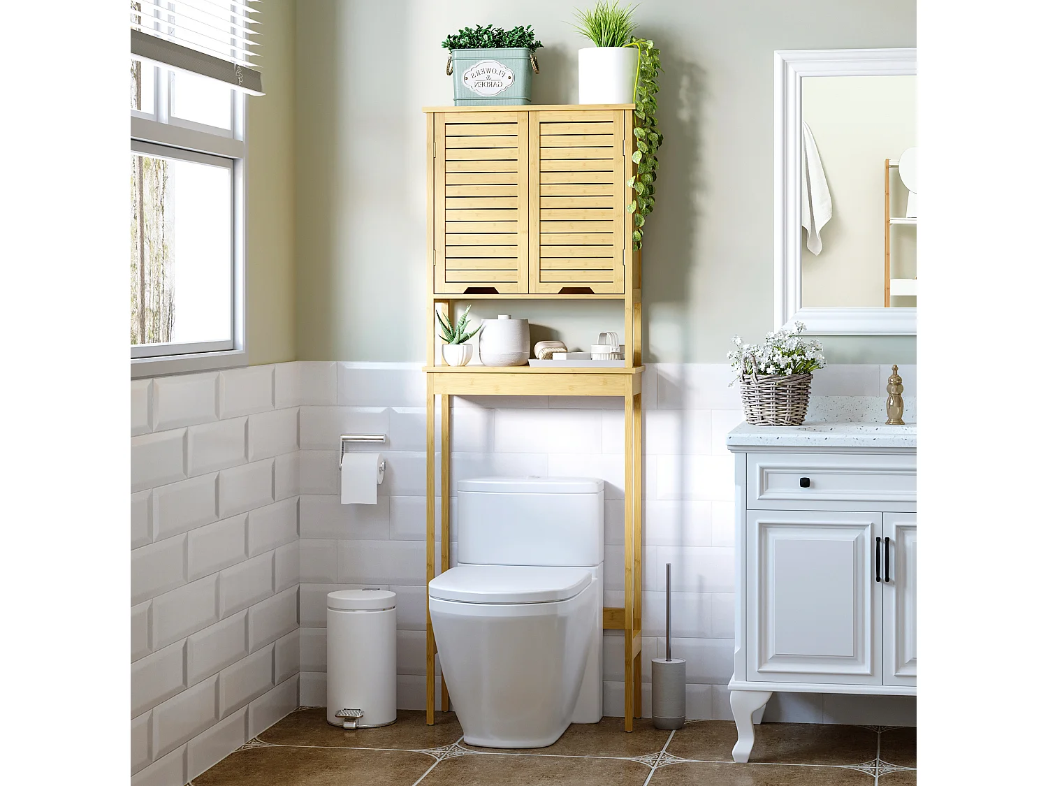 Mueble sobre inodoro madera natural 60x23x173 cm kleankin