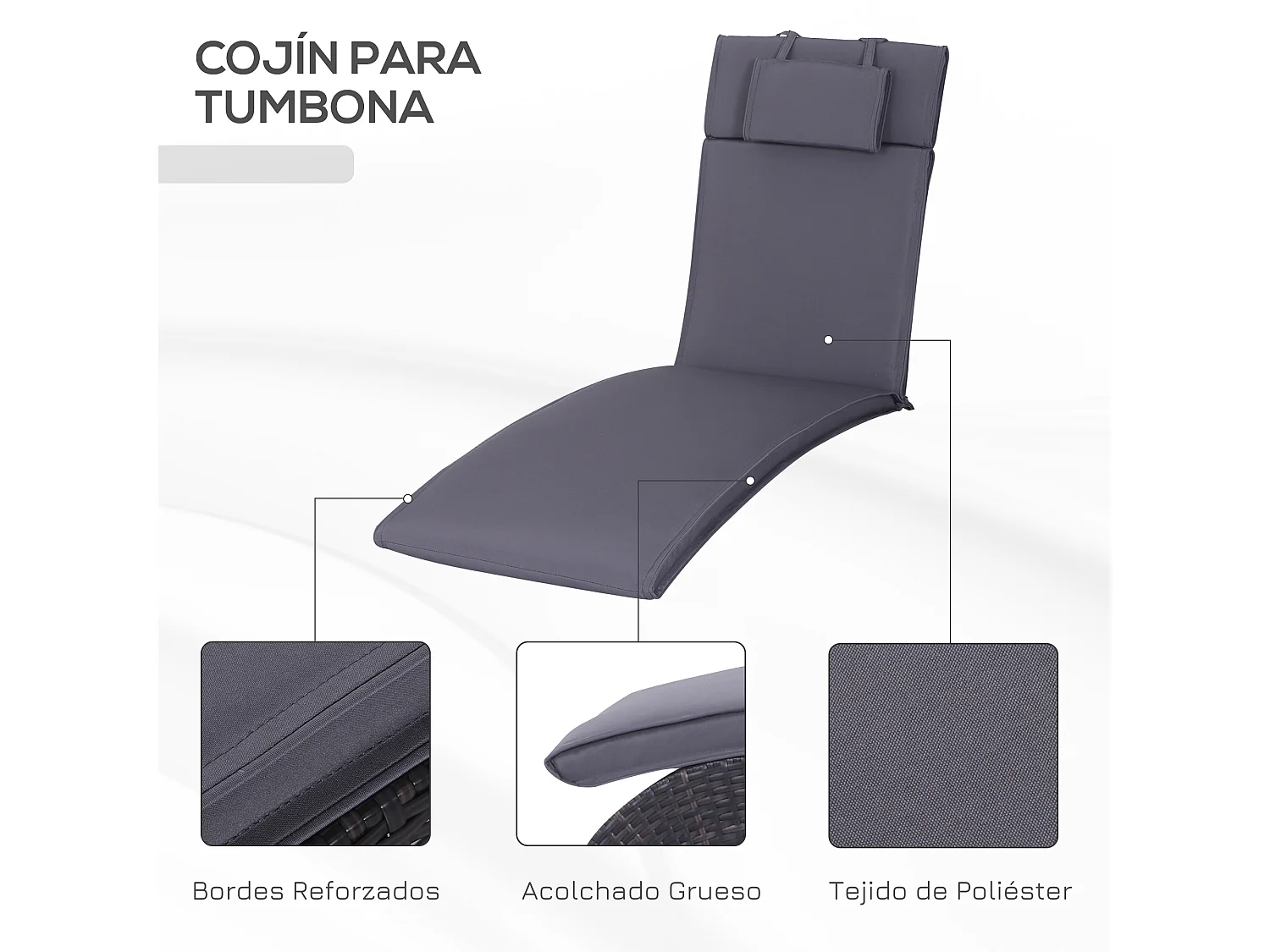 Cojín para tumbona de exterior gris 198x53x5 cm Outsunny