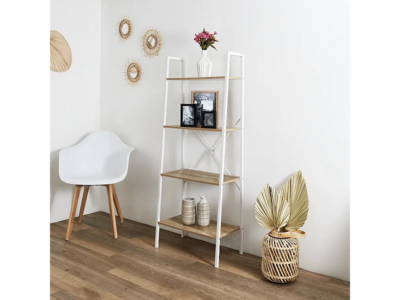 Etagere Bois Et Metal Blanc 148x60x325cm Marron, Blanc