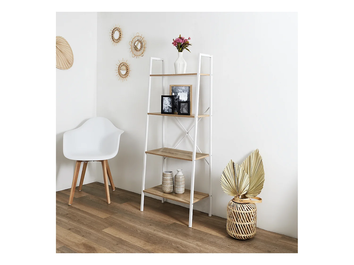 Etagere Bois Et Metal Blanc 148x60x325cm Marron, Blanc