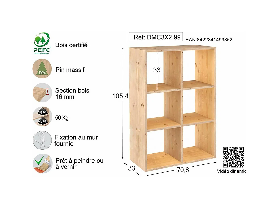Étagère cubes en bois brut Dinamic 6 cases
