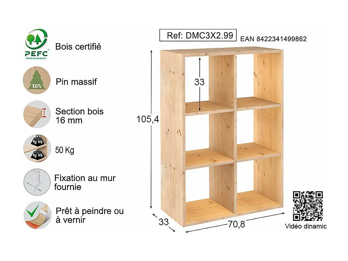 Étagère cubes en bois brut Dinamic 6 cases