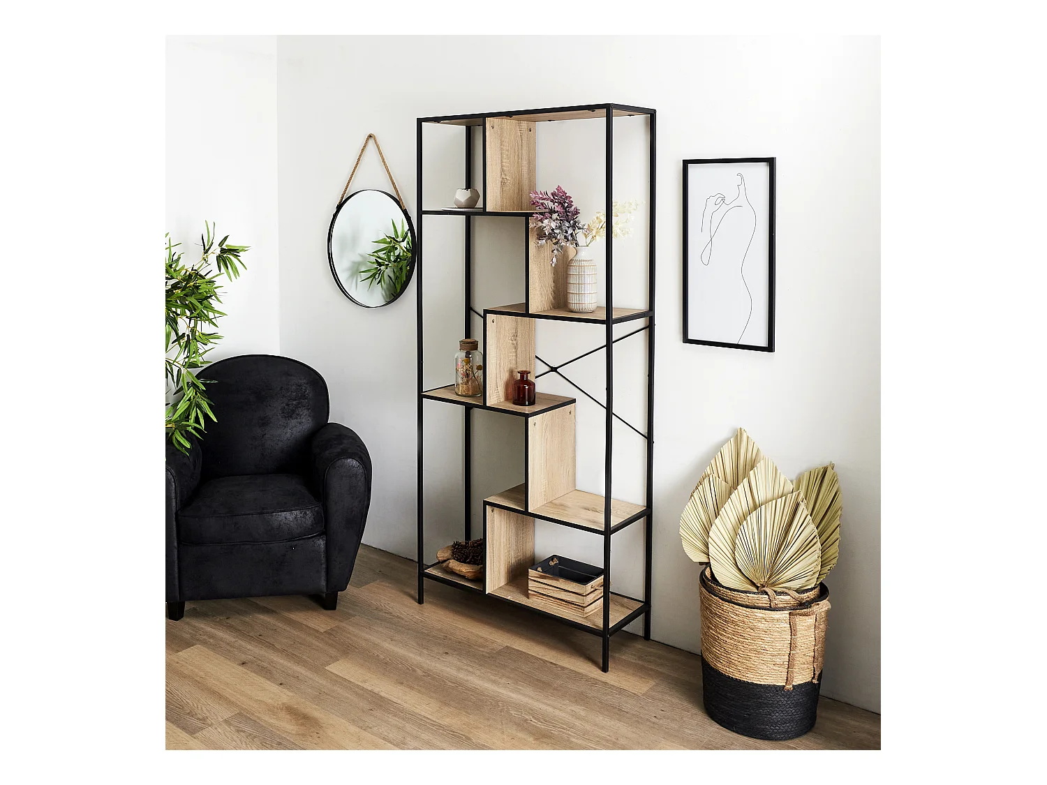Etagere Edison 80x30x180cm Marron, Noir