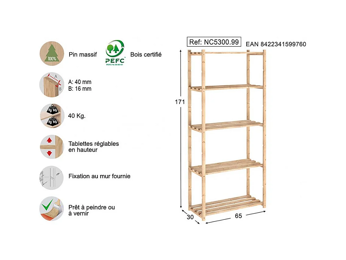Etagère en kit profondeur 30 cm Natura 5 tablettes