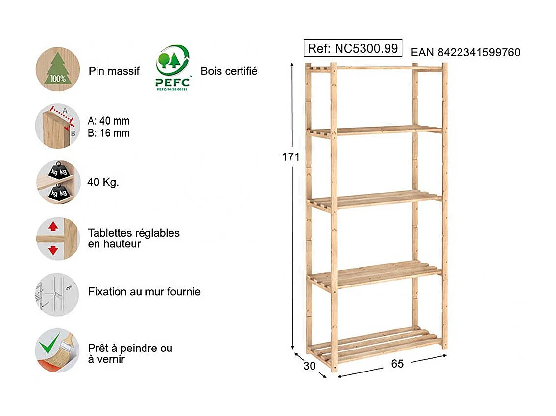 Etagère en kit profondeur 30 cm Natura 5 tablettes