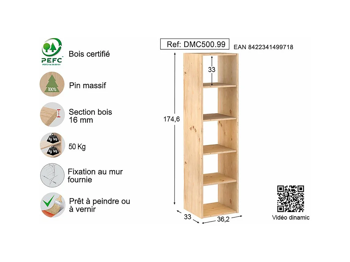 Étagère modulaire en pin massif Dinamic 5 tablettes