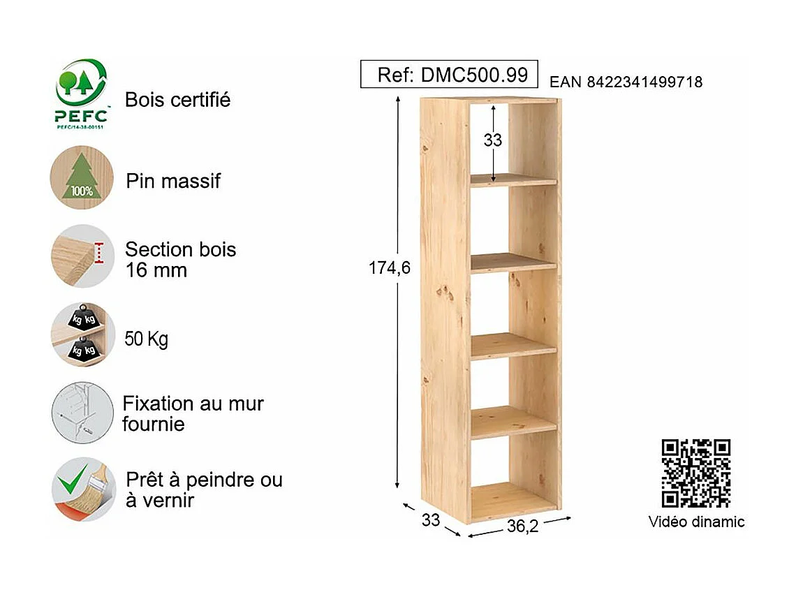 Étagère modulaire en pin massif Dinamic 5 tablettes
