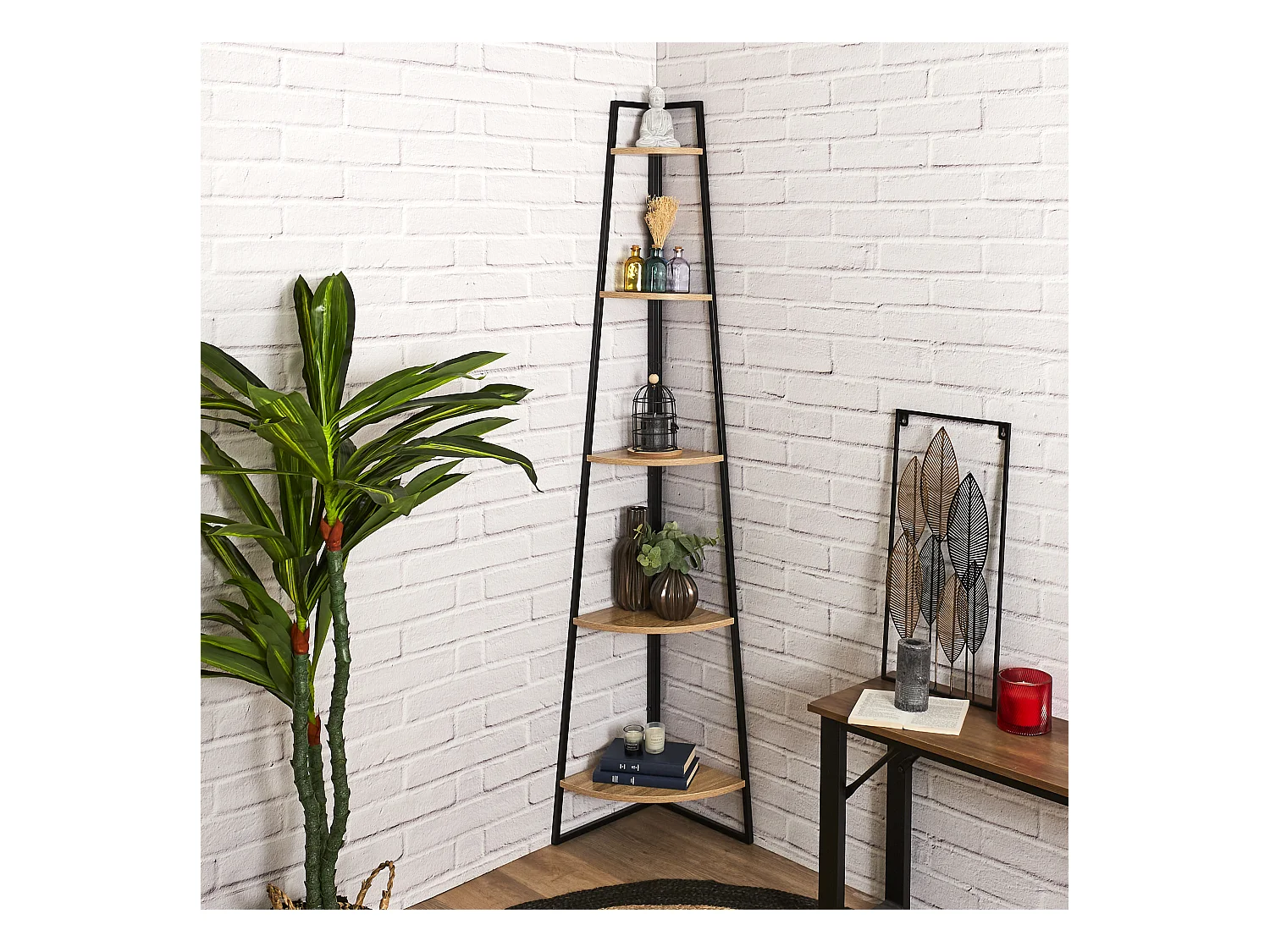 Etagere Angle Bois Et Metal Marron, Noir