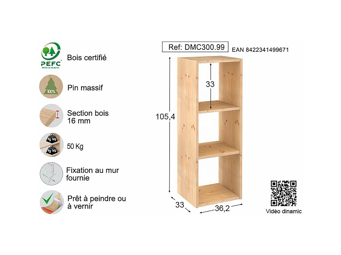 Étagère modulaire en pin massif Dinamic 3 tablettes
