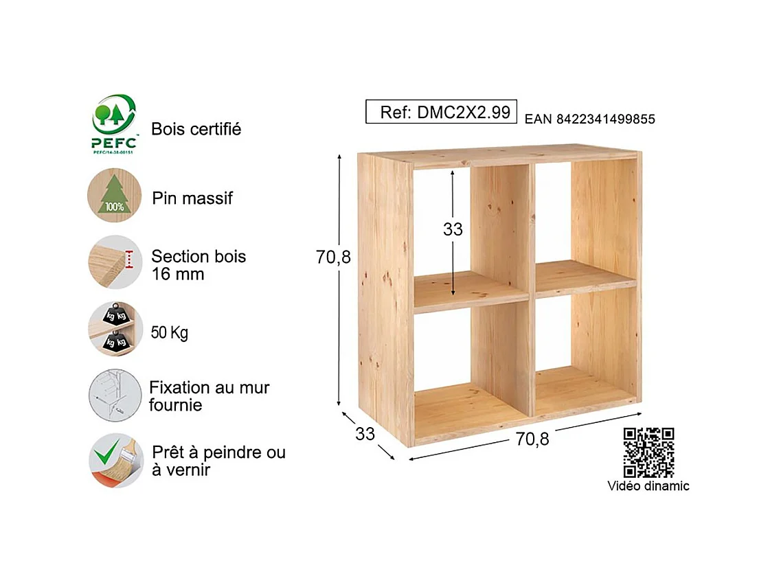 Mensola a cubetti in legno grezzo Dinamic 4 spazi