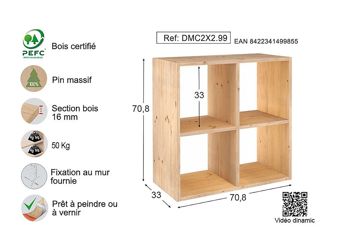 Étagère cubes en bois brut Dinamic 4 cases