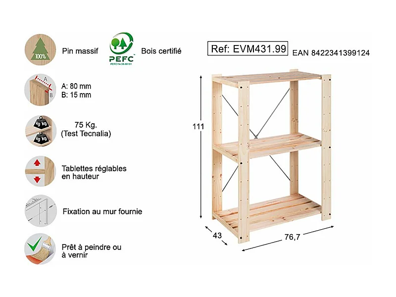 Scaffale Evolution in pino massiccio con 3 ripiani