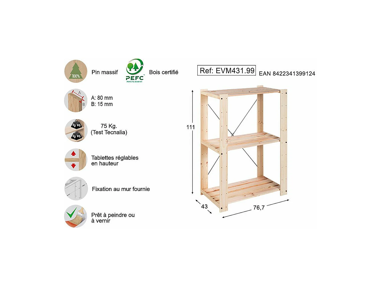 Étagère charge lourde en pin massif Evolution 3 tablettes