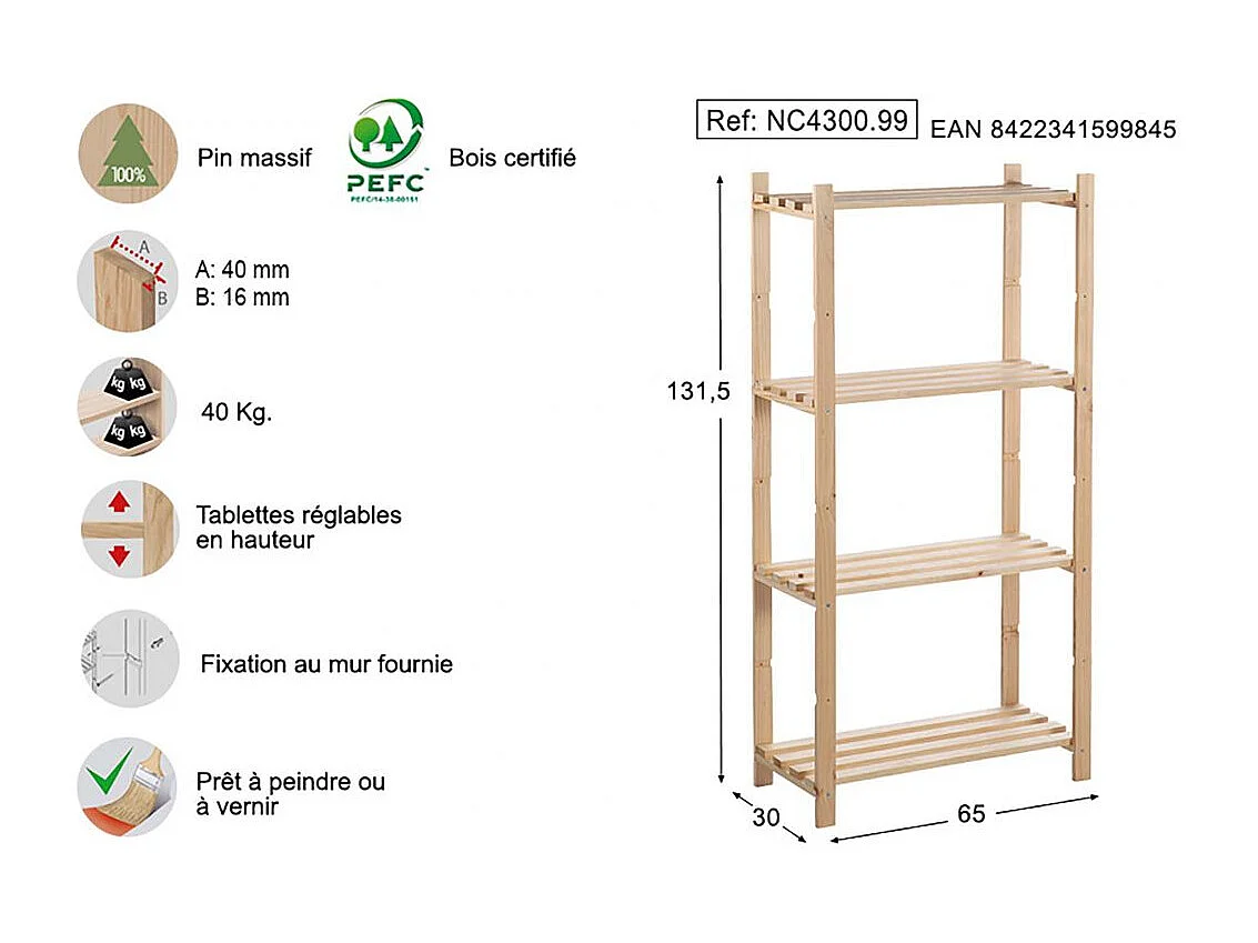 Etagère en kit profondeur 30 cm Natura 4 tablettes