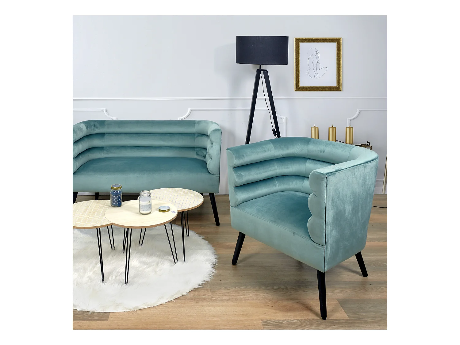 Fauteuil Amelia Velours Vert Vert, Gris, Noir