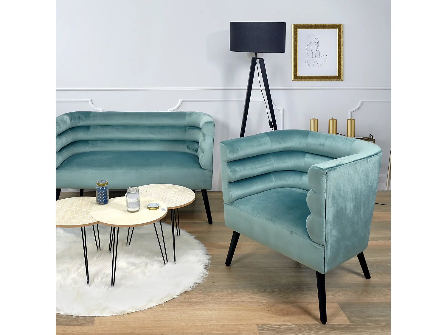 Fauteuil Amelia Velours Vert Vert, Gris, Noir