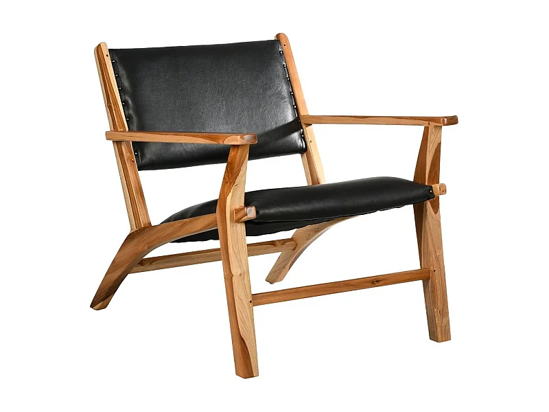 Fauteuil en teck et cuir de vache noir Makassar
