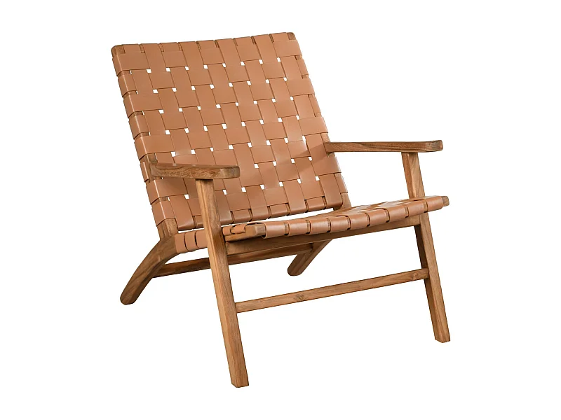 Fauteuil en teck et cuir de vache camel Munduk