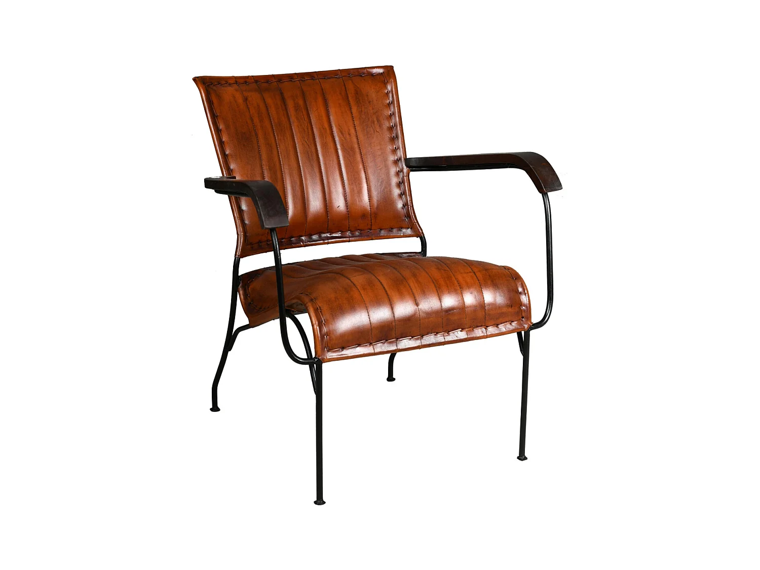 Fauteuil en cuir de buffle, métal et bois verni