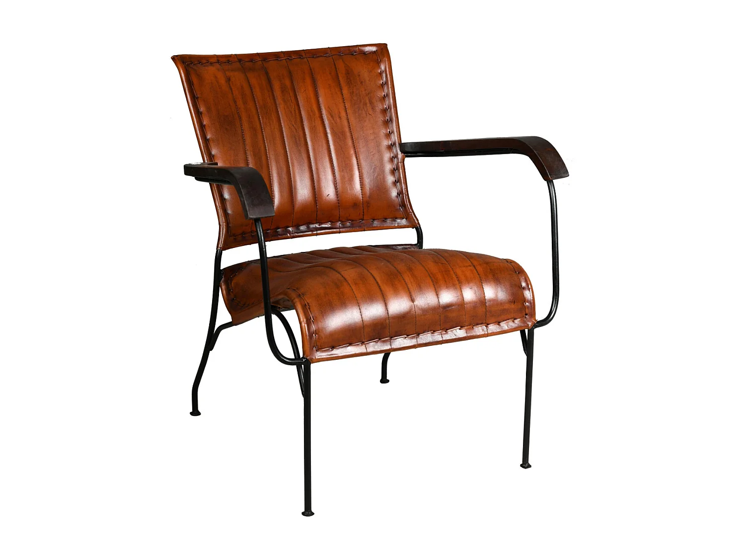 Fauteuil en cuir de buffle, métal et bois verni