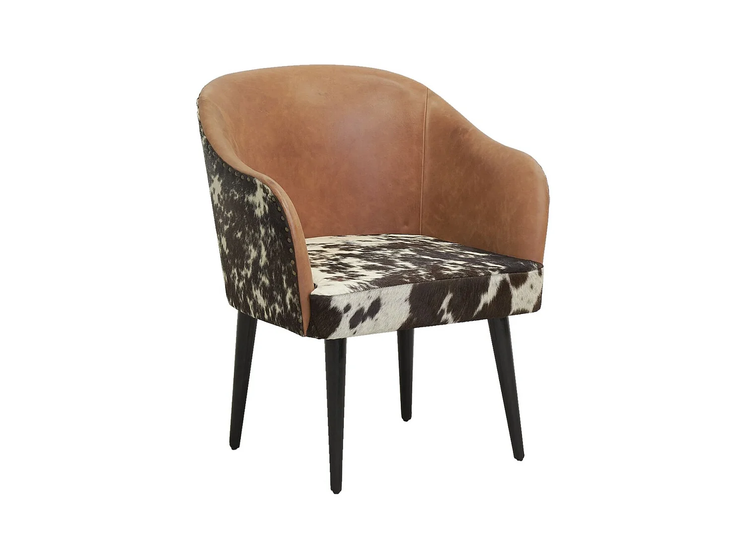 Fauteuil en cuir camel et peau de vache