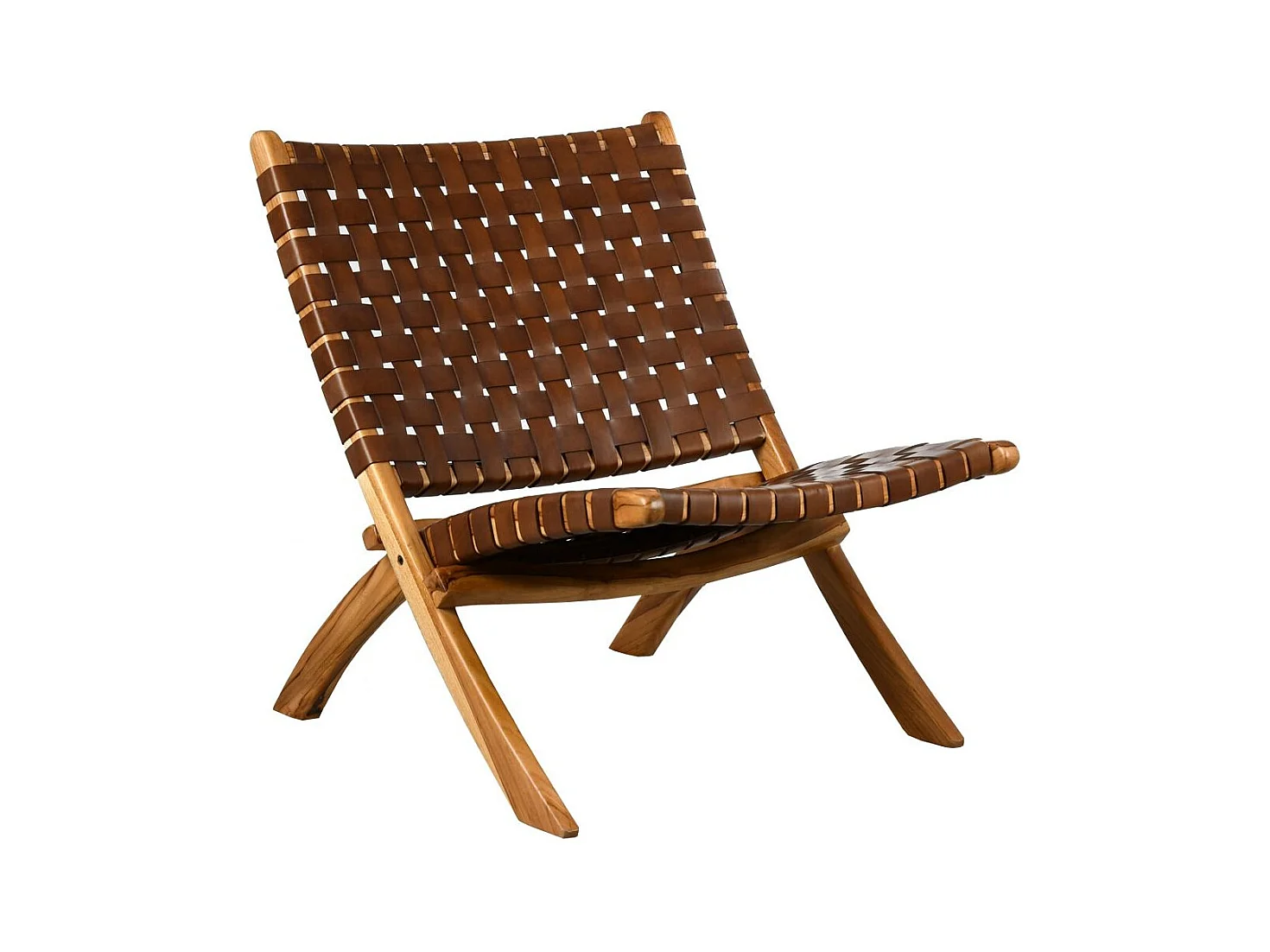 Fauteuil pliant en teck et cuir de vache tressé Cimahi