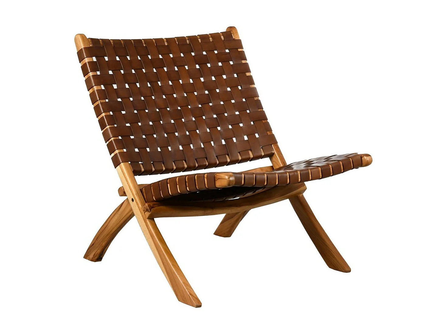 Fauteuil pliant en teck et cuir de vache tressé Cimahi