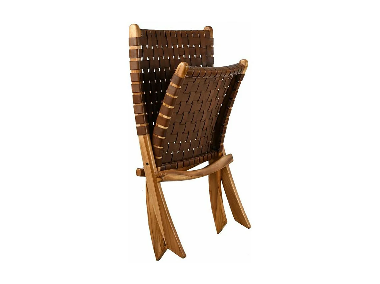 Fauteuil pliant en teck et cuir de vache tressé Cimahi