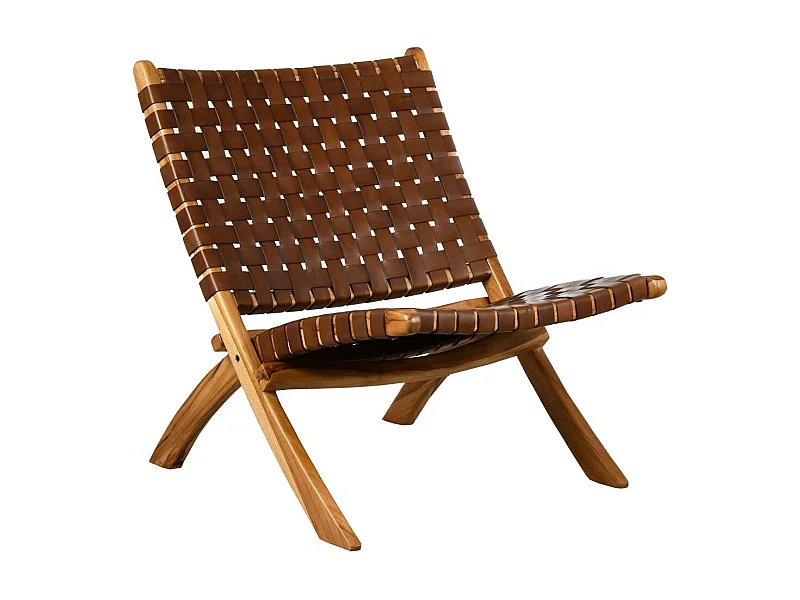 Fauteuil pliant en teck et cuir de vache tressé Cimahi