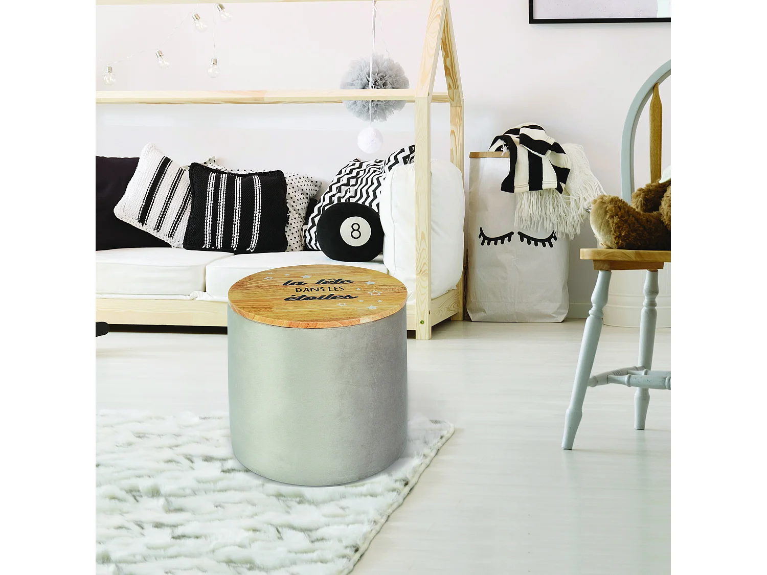 Pouf Rangement La Tete Dans Les Etoiles Gris