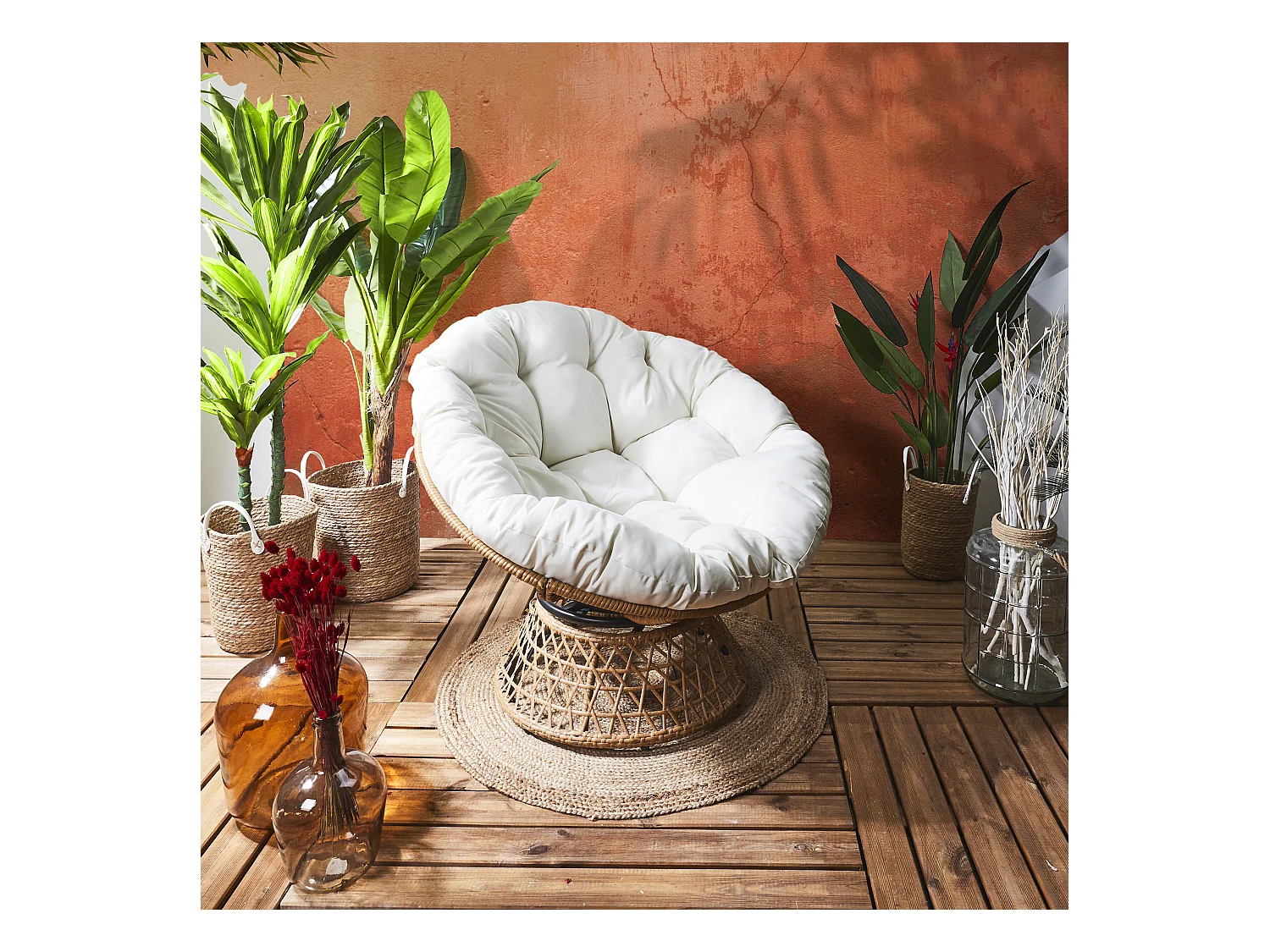 Fauteuil Cancun Coussin Blanc Marron, Beige